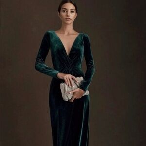 Jenny Yoo Deep V Velvet Emerald Gown